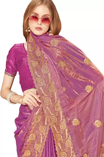 Designer dusty pink zari embroidery zarkan work silk saree