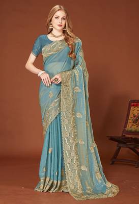 Designer ice blue zari embroidery zarkan work silk saree 1