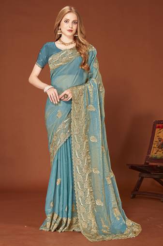 Designer ice blue zari embroidery zarkan work silk saree
