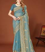 Designer ice blue zari embroidery zarkan work silk saree