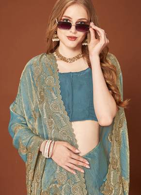 Designer ice blue zari embroidery zarkan work silk saree 2