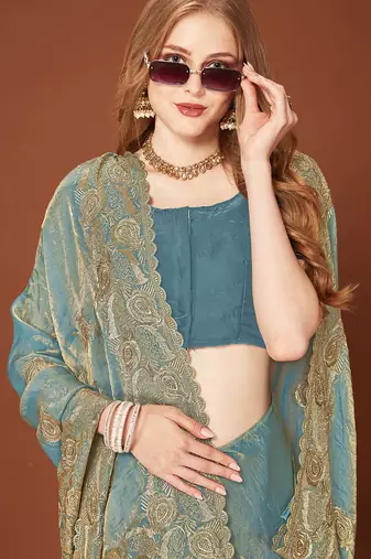 Designer ice blue zari embroidery zarkan work silk saree
