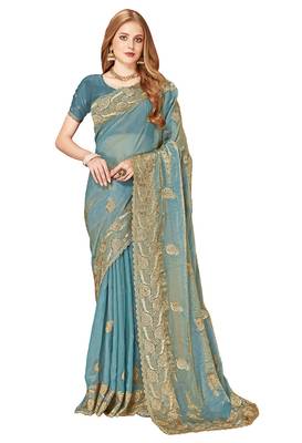 Designer ice blue zari embroidery zarkan work silk saree 3