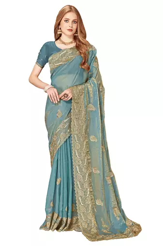 Designer ice blue zari embroidery zarkan work silk saree