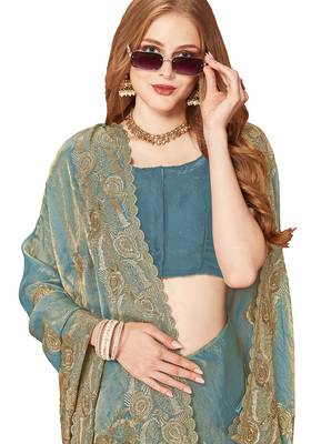 Designer ice blue zari embroidery zarkan work silk saree 4