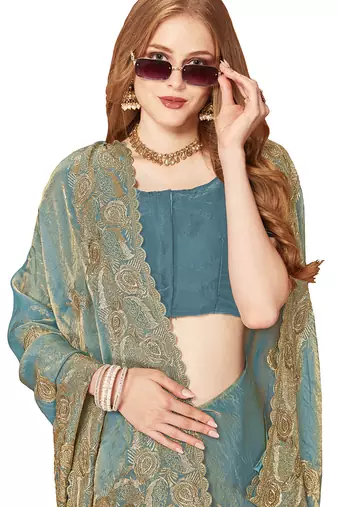 Designer ice blue zari embroidery zarkan work silk saree