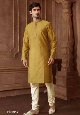 Straight Art silk blend strips mehndi green solid collar neck with embroidery kurta payjama 1