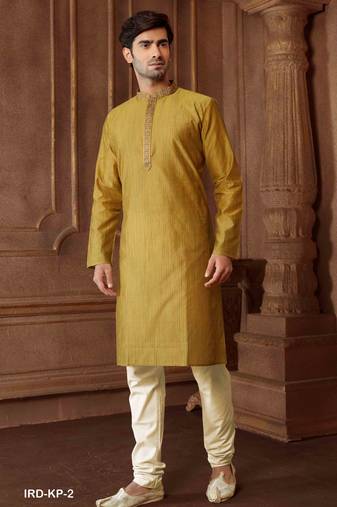 Straight art silk blend strips mehndi green solid collar neck with embroidery kurta payjama