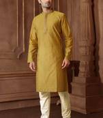 Straight art silk blend strips mehndi green solid collar neck with embroidery kurta payjama