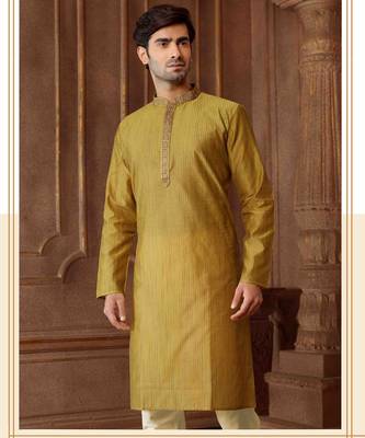 Straight Art silk blend strips mehndi green solid collar neck with embroidery kurta payjama 2
