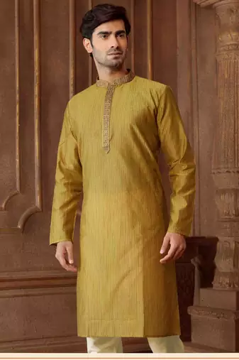 Straight art silk blend strips mehndi green solid collar neck with embroidery kurta payjama