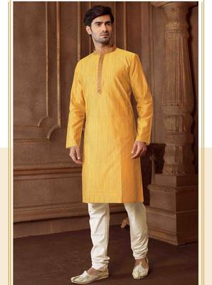 Straight Art silk blend strips musturd solid collar neck with embroidery kurta payjama 1