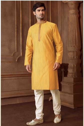 Straight art silk blend strips musturd solid collar neck with embroidery kurta payjama