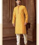 Straight art silk blend strips musturd solid collar neck with embroidery kurta payjama