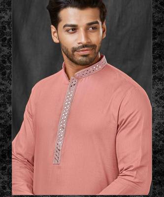 Straight self jacquard peach solid collar neck with embroidery kurta payjama 2