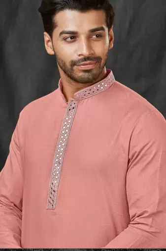 Straight self jacquard peach solid collar neck with embroidery kurta payjama