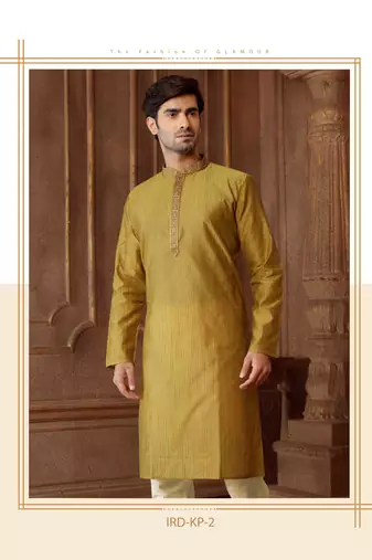 Straight art silk blend strips musturd solid collar neck with embroidery kurta payjama