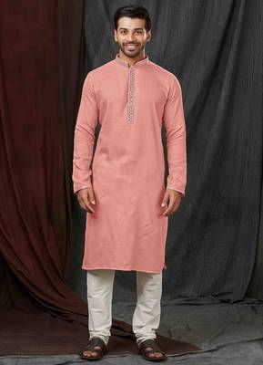 Straight self jacquard peach solid collar neck with embroidery kurta payjama 1