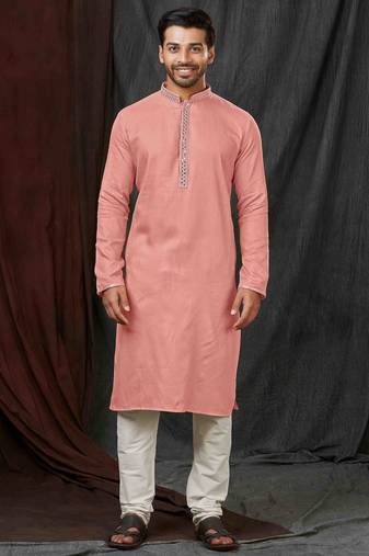 Straight self jacquard peach solid collar neck with embroidery kurta payjama