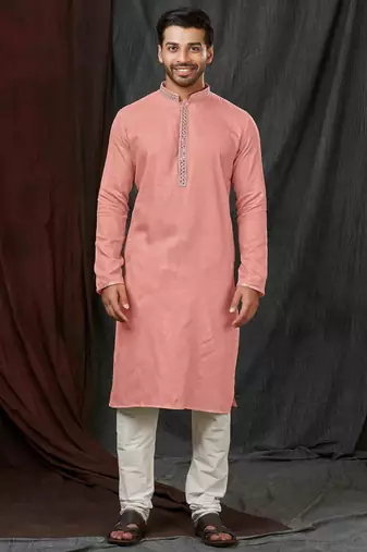 Straight self jacquard peach solid collar neck with embroidery kurta payjama