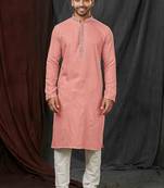 Straight self jacquard peach solid collar neck with embroidery kurta payjama