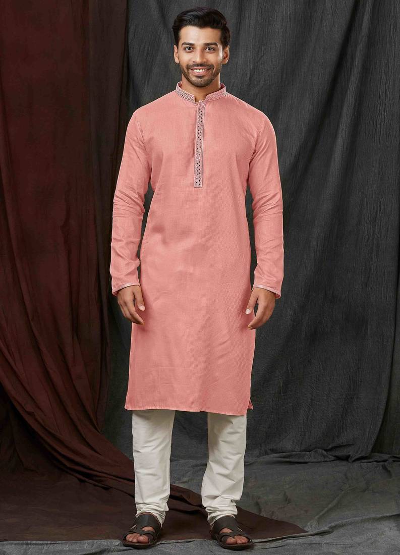 Straight self jacquard peach solid collar neck with embroidery kurta payjama
