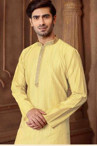 Straight art silk blend strips light yellow solid collar neck with embroidery kurta payjama