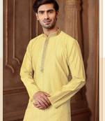 Straight art silk blend strips light yellow solid collar neck with embroidery kurta payjama