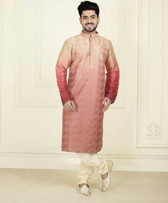 Straight slub silk blend embroidery peach solid collar neck with embroidery kurta payjama 1