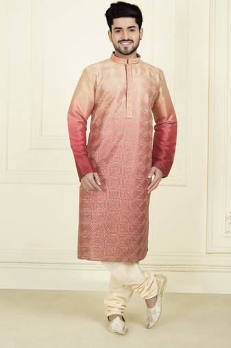 Straight slub silk embroidery peach solid collar neck with embroidery kurta payjama