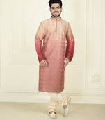 Straight slub silk embroidery peach solid collar neck with embroidery kurta payjama
