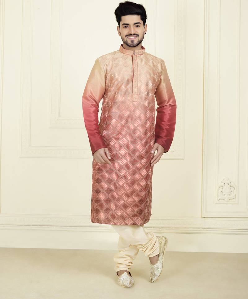Straight slub silk embroidery peach solid collar neck with embroidery kurta payjama