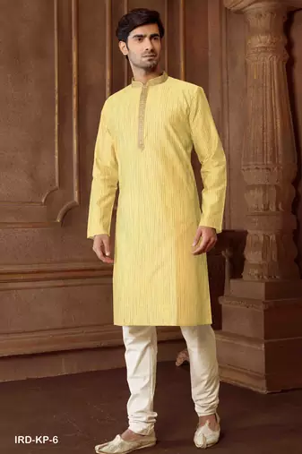 Straight art silk blend strips light yellow solid collar neck with embroidery kurta payjama