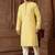 Straight art silk blend strips light yellow solid collar neck with embroidery kurta payjama