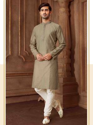 Straight Art silk blend strips grey solid collar neck with embroidery kurta payjama 1