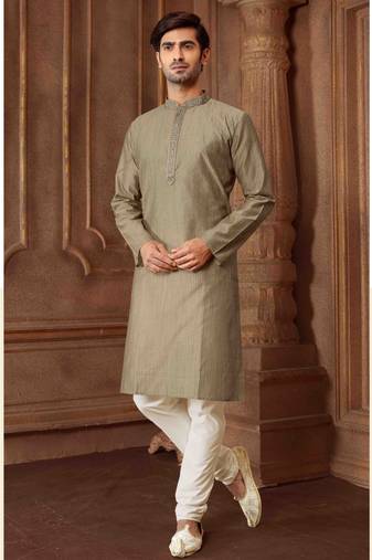 Straight art silk blend strips grey solid collar neck with embroidery kurta payjama