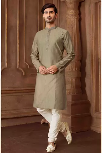 Straight art silk blend strips grey solid collar neck with embroidery kurta payjama