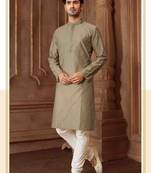 Straight art silk blend strips grey solid collar neck with embroidery kurta payjama