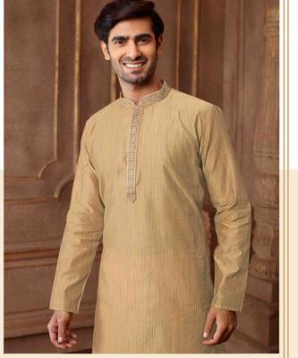 Straight Art silk blend strips light grey solid collar neck with embroidery kurta payjama 1