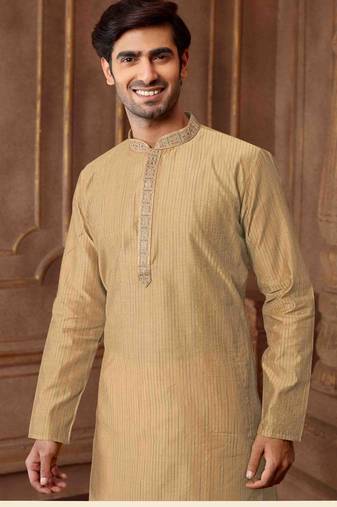 Straight art silk blend strips light grey solid collar neck with embroidery kurta payjama