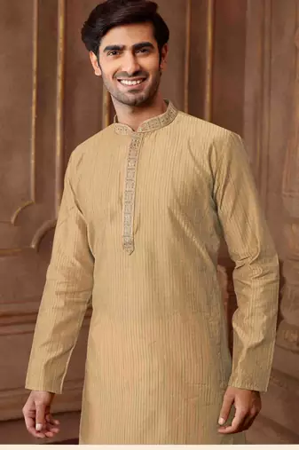 Straight art silk blend strips light grey solid collar neck with embroidery kurta payjama