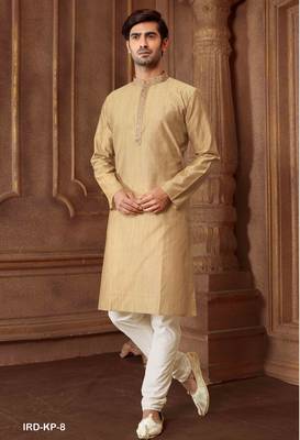 Straight Art silk blend strips light grey solid collar neck with embroidery kurta payjama 2