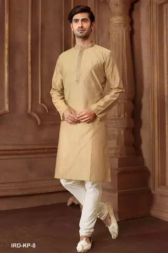 Straight art silk blend strips light grey solid collar neck with embroidery kurta payjama