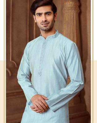 Straight Art silk blend strips sky blue solid collar neck with embroidery kurta payjama 1