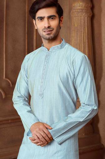 Straight art silk blend strips sky blue solid collar neck with embroidery kurta payjama