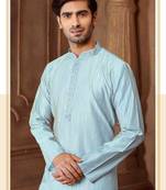 Straight art silk blend strips sky blue solid collar neck with embroidery kurta payjama
