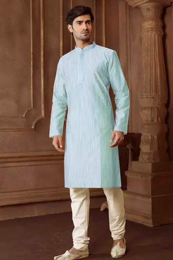 Straight art silk blend strips sky blue solid collar neck with embroidery kurta payjama