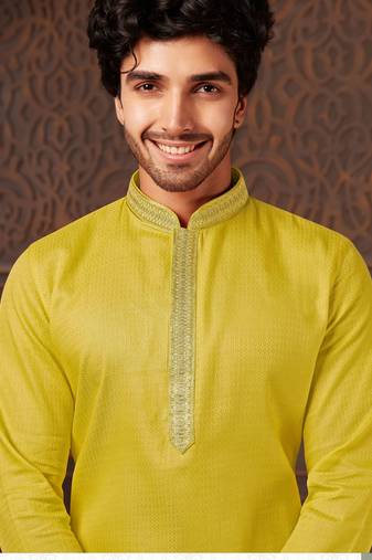 Straight cotton green solid collar neck with embroidery kurta payjama
