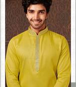 Straight cotton green solid collar neck with embroidery kurta payjama