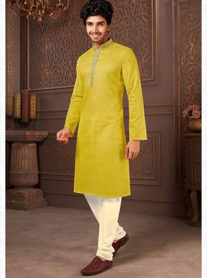 Straight cotton green solid collar neck with embroidery kurta payjama 2